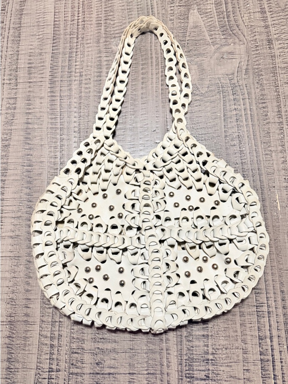 White Woven Studded Shoulder Bag - Women's Leather Tote no liner on inside